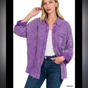 Zenana Violet Washed Cotton Gauze Button Down Shirt Size Large